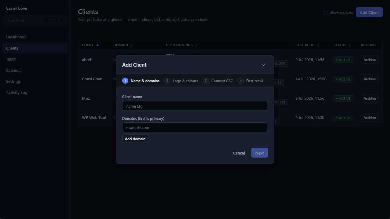 The four-step Add Client wizard showing name, brand assets, Search Console, and first crawl steps