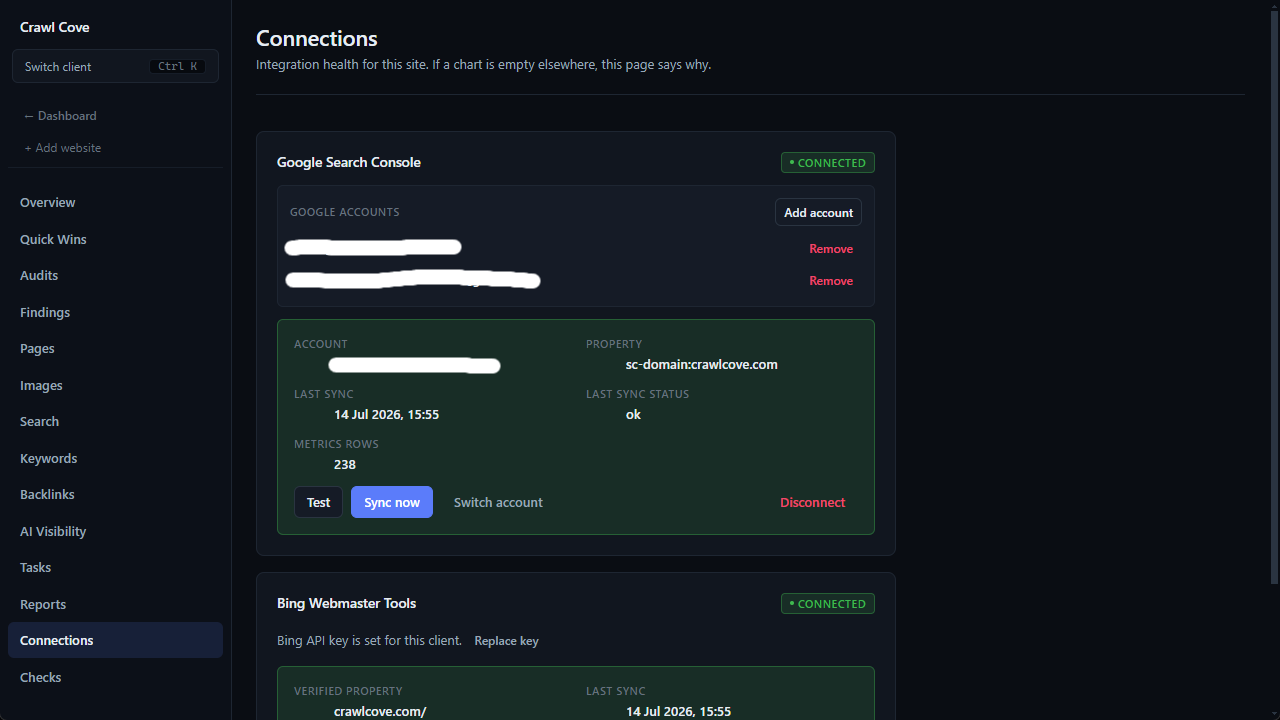The Crawl Cove Connections page showing a connected Google account, property picker, and last-sync status