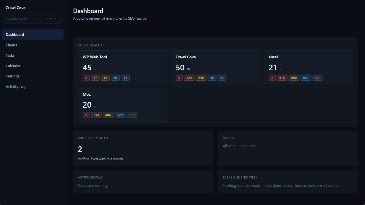 The Agency Dashboard with a client health-score grid, alert feed, running crawls, tasks due, and a wins-this-month counter
