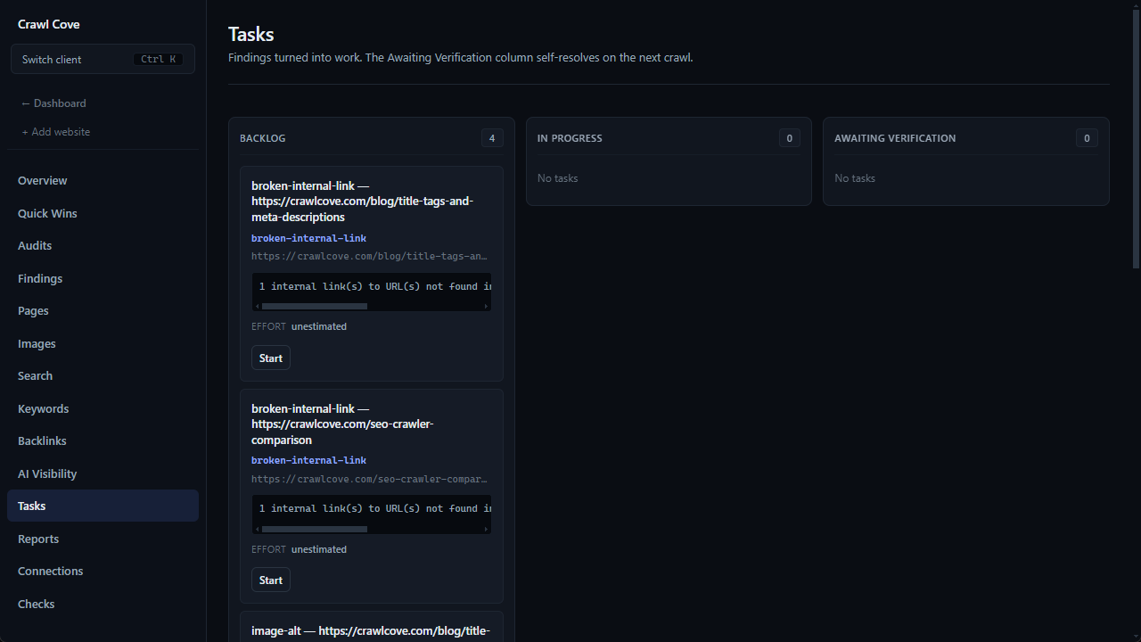 The Crawl Cove client Tasks Kanban board with Backlog, In Progress, Awaiting Verification, Needs Rework, and Verified Fixed columns