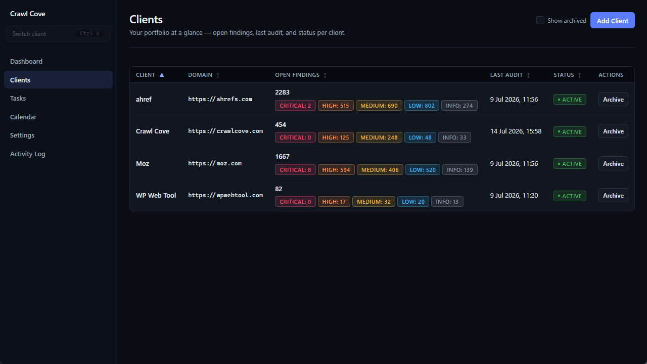 The Crawl Cove agency rail and Agency Dashboard showing the client health grid, alert feed, and running crawls