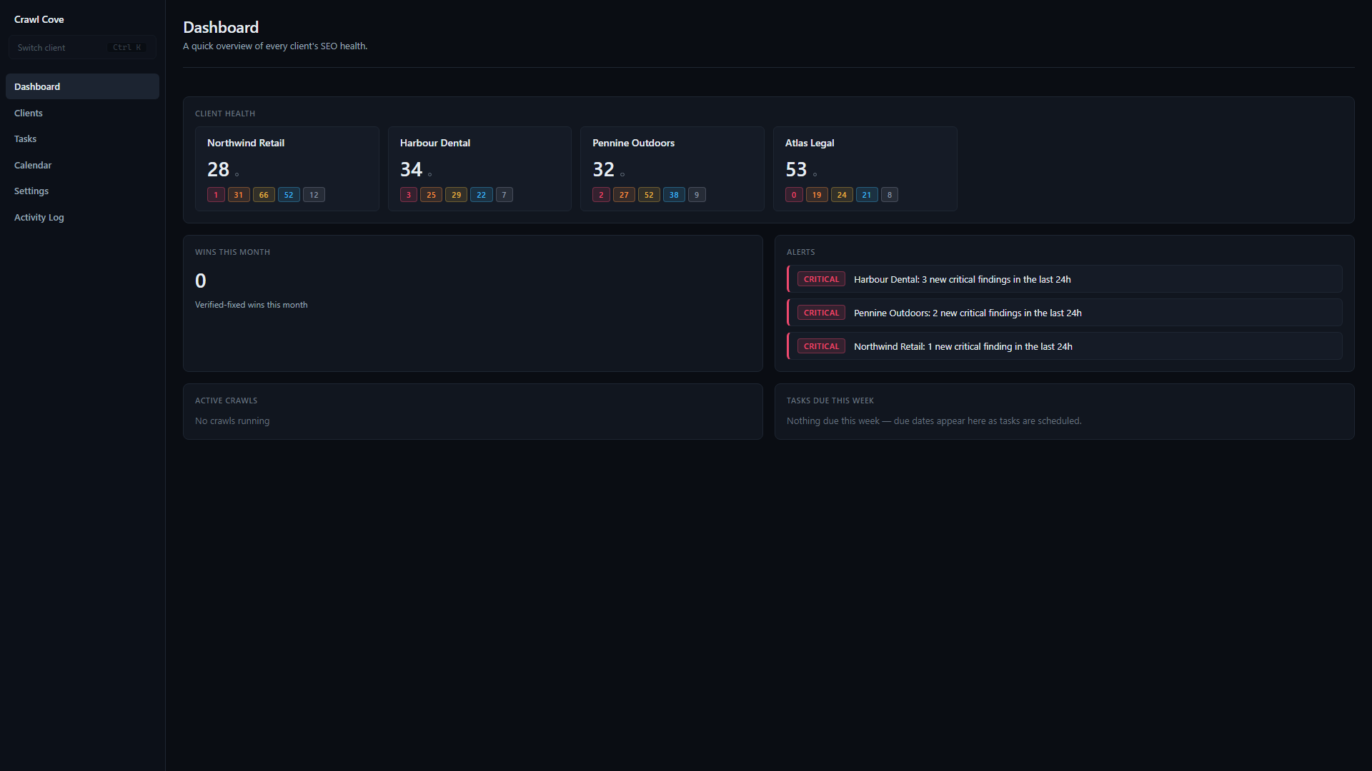 The Crawl Cove agency rail and Agency Dashboard showing the client health grid and alert feed