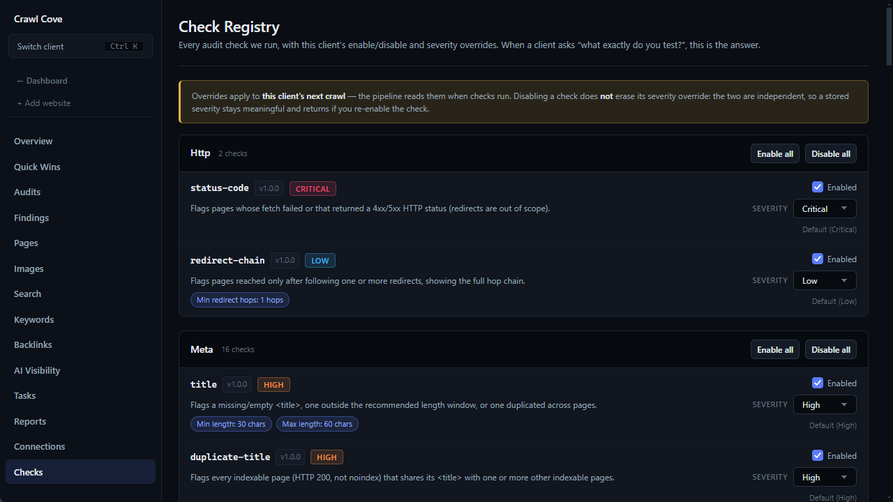 The Check Registry page listing audit checks with id, version, category, default severity, and tunable thresholds