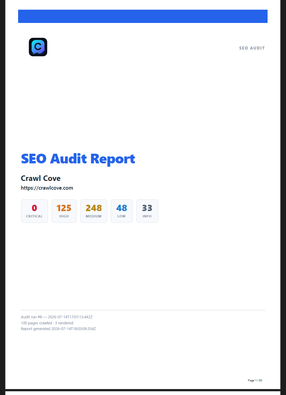 A white-label audit report cover page with a client brand band, logo, client name and domain, and a severity summary