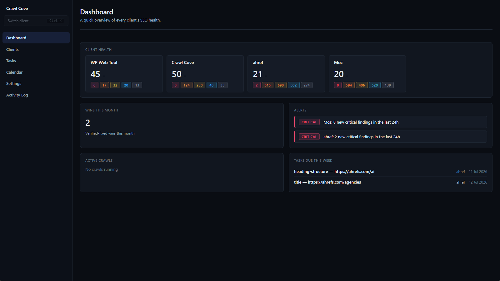 Crawl Cove desktop application dashboard showing SEO audit results, ranking data, and Core Web Vitals