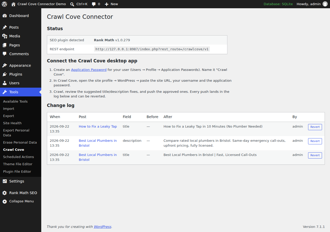 The Crawl Cove Connector admin screen under Tools, showing the detected SEO plugin, connection status and a change log with one-click revert buttons
